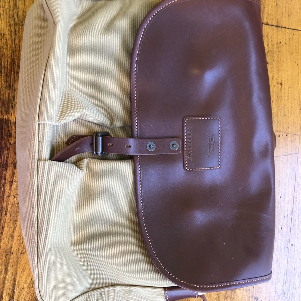 Longchamp Beige and Brown Leather-Trim Briefcase